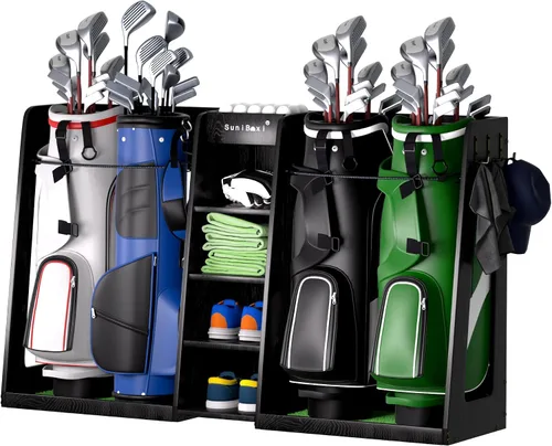 Vista 8 de SuniBoxi Wooden Golf Storage Organizer for Garage, Premium Golf Bag Holder Rack for Golfing Accessories, for Golfers,Husband, Dad