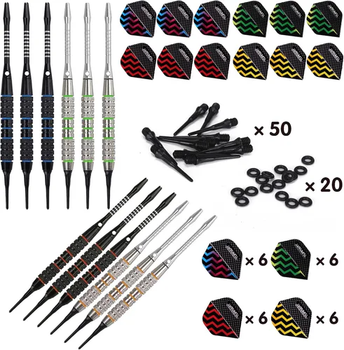 Vista 4 de Dardos de punta de plástico – Juego de dardos profesionales de punta suave para diana electrónica 12 piezas 0.63 oz con 50 puntas adicionales, 24