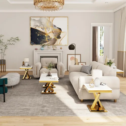 Vista 6 de Juego de 2 mesas auxiliares doradas, mesa auxiliar cuadrada blanca moderna con base en X de metal pulido dorado, elegante mesa decorativa