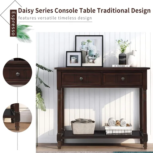 Vista 4 de Merax Mesa de sofá de madera maciza con 2 cajones de almacenamiento y estante inferior, mesa de consola para sala de estar, pasillo, espresso