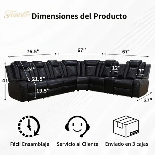 Vista 2 de Juegos de muebles de sala de Toseslo, juego de sofá reclinable eléctrico, seccional de 2 reclinables de cuero negro con luz LED, juegos modernos