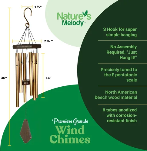Vista 7 de Nature's Melody Premiere Grande Tunes Campanillas de Viento – Campanillas de Viento para Exteriores con 6 Tubos Afinados en Escala Pentatónica