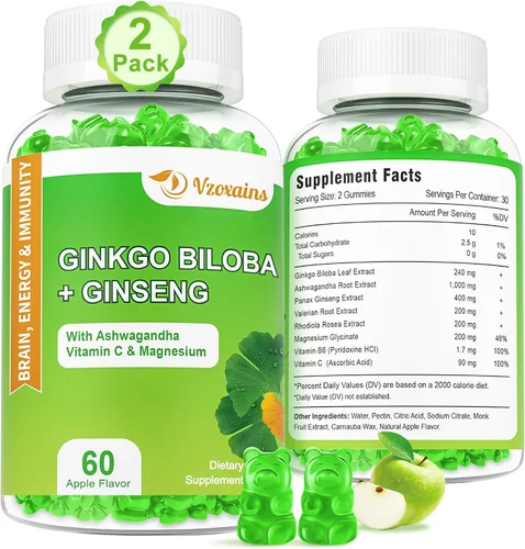 Vista 8 de Gomitas de ginkgo biloba de 240 mg con ginseng y magnesio, suplementos de ginko biloba gomitas para concentración cerebral, estado de ánimo