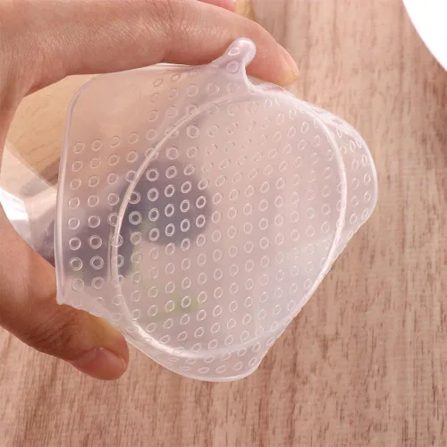 Vista 7 de Pokinge 4 fundas para contenedores de alimentos, tapas elásticas de silicona transparente, reutilizables, para microondas, 3 tamaños, cubierta