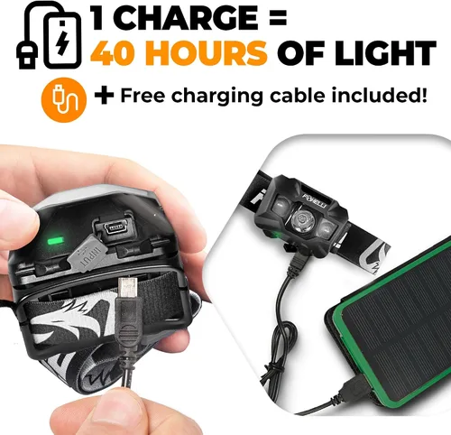 Vista 3 de Foxelli Linterna frontal LED recargable USB‑C – Ultraligero 2.4 oz y brillante 180 lúmenes – Luz roja/blanca, 5 modos, IPX5 impermeable, 40 horas