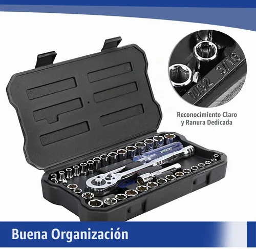 Vista 8 de WORKPRO Juego de 39 piezas de llaves métricas e imperiales CR-V con llave de trinquete de liberación rápida, juego de enchufes compactos