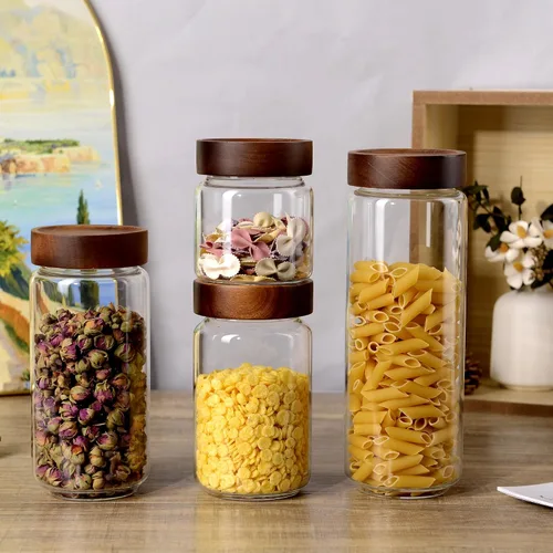 Vista 6 de Tarro de vidrio de 13.5 fl oz/400 ml con tapa de rosca de madera hermética, recipiente de almacenamiento de alimentos transparente apilable pequeño