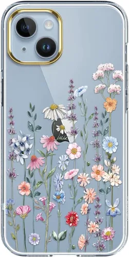 Vista 14 de luolnh Funda compatible con iPhone 15, para mujeres y niñas, a prueba de golpes, transparente, patrón floral, carcasa trasera dura para iPhone 15