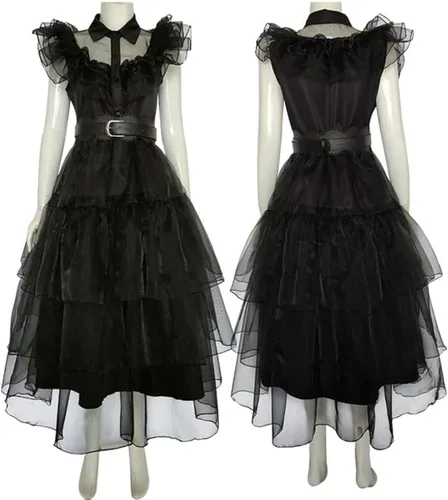 Vista 2 de Wednesday Addams - Vestido de malla para disfraz de Merlina, Adams, vestido de baile familiar, cumpleaños, Halloween, cosplay, traje para niños