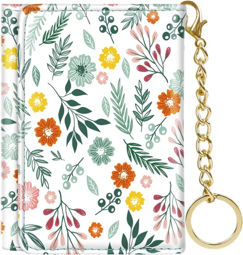Vista 12 de Billetera triple para mujer, pequeña, delgada, con bloqueo RFID, bonito tarjetero de cuero con bolsillo largo para efectivo y llavero, Azul Flores