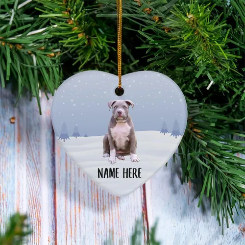 Vista 2 de Personalized Name American Bully Puppy Sitting Christmas Tree Ornaments Ceramic Heart Decorations Gifts for Dog Lovers