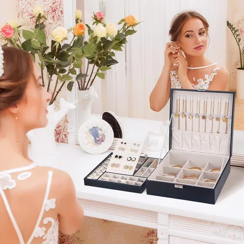 Vista 6 de Joyero con cerradura cajas de joyería grandes para mujeres y niñas regalo ideal organizador de joyas de doble capa joyero para almacenar aretes