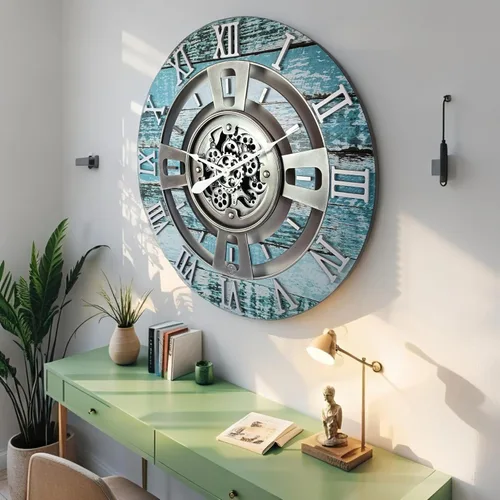 Vista 5 de ImprovingLife The Gears Reloj de pared con engranajes móviles reales línea Inglaterra (Verde Aguamarina, 24 pulgadas (60 cm))