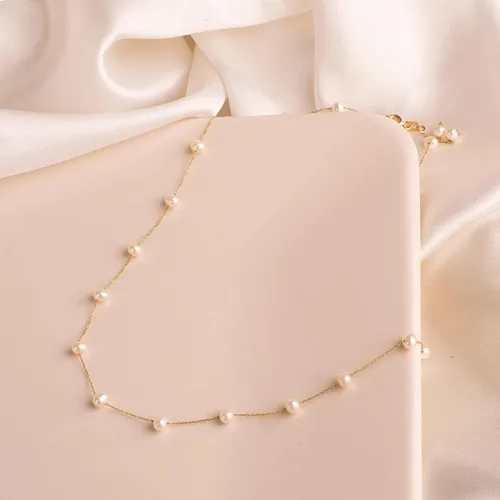 Vista 6 de Delicado collar de perlas chapado en oro de 14 quilates, bonito collar de perlas individuales elegante gargantilla de perlas pequeñas delicadas