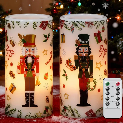 Vista 10 de Velas sin llama de cardenal de Navidad en pilar con control remoto y temporizador, velas LED en portavelas de cera real, vela operada por batería