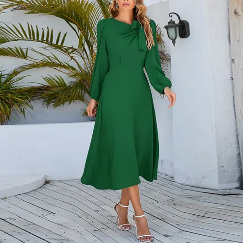 Vista 2 de Vestidos de otoño para mujer, color liso, cuello redondo, acampanado, manga larga, vestido midi