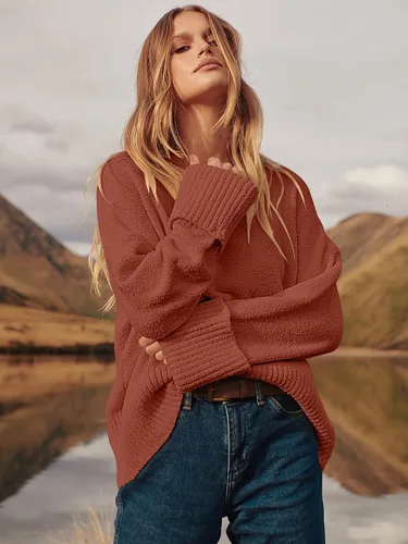 Vista 53 de LOGENE Suéter de gran tamaño para mujer, cuello redondo, manga larga, suave, mullido, suéter de punto 2025 para otoño e invierno
