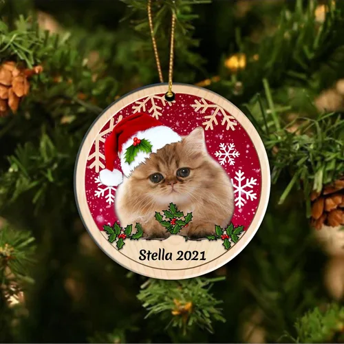 Vista 5 de Adorno de cerámica de Navidad de gato persa, adorno personalizado con nombre de gato de Navidad 02 lados, decoración colgante de árbol de Navidad