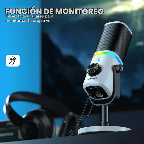 Vista 6 de Aokeo Micrófono para PC, AK-10 USB/XLR Micrófono de escritorio dinámico para juegos, podcast, transmisión con luz RGB, control de volumen, botón