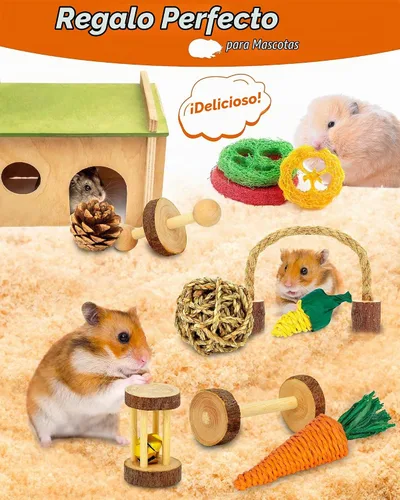 Vista 6 de Juguetes de hámster y conejillo de indias – 18 piezas de juguetes de madera para masticar animales pequeños para dientes – Conejo, chinchilla