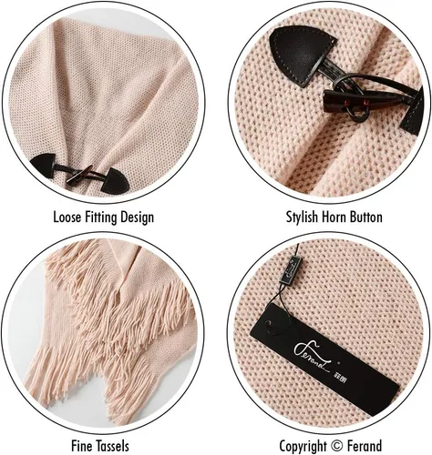 Vista 4 de Ferand Poncho de ajuste holgado para mujer con elegantes botones de cuerno, cuello en V y dobladillo en V