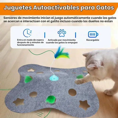 Vista 2 de Giociv Juguetes interactivos para gatos de interior, juguetes de ejercicio giratorio con base de plumas, modo de activación táctil, cubierta