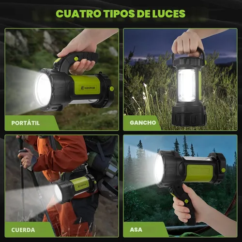 Vista 2 de Linterna de camping recargable, linterna LED con 800 lúmenes, 3600 mAh, correa incluida, luz de camping brillante portátil para emergencia