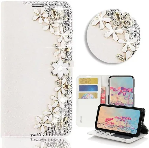 Vista 8 de Bling Wallet - Funda de piel compatible con Google Pixel 6a, elegante, 3D, hecha a mano, diseño floral, diseño floral, con correa para el cuello