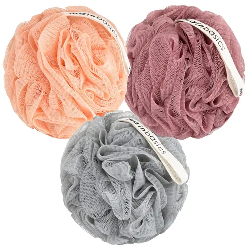 Vista 15 de MainBasics Esponja de esponja para baño y ducha, esponja para el cuerpo, exfoliante corporal (juego de 3, flor aireada) Esponja corporal de malla