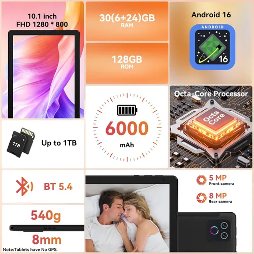 Vista 2 de URAO Tableta, tableta Android de 10.1 pulgadas con procesador Octa-core 30GB RAM 128GB ROM HD IPS pantalla táctil 8H batería, Wi-Fi 6, BT 5.4