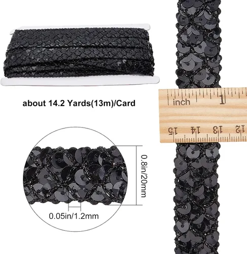 Vista 2 de GORGECRAFT Cinta de lentejuelas negras de 0.78 pulgadas (14 yardas) con purpurina y lentejuelas de encaje, tiras de lentejuelas de 3 filas, rollo