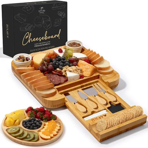 Vista 11 de Zulay Kitchen Juego de tablas de queso de bambú de alta calidad, juego de tablas de embutidos de bambú extra gruesas con juego de 4 cuchillos, tabla