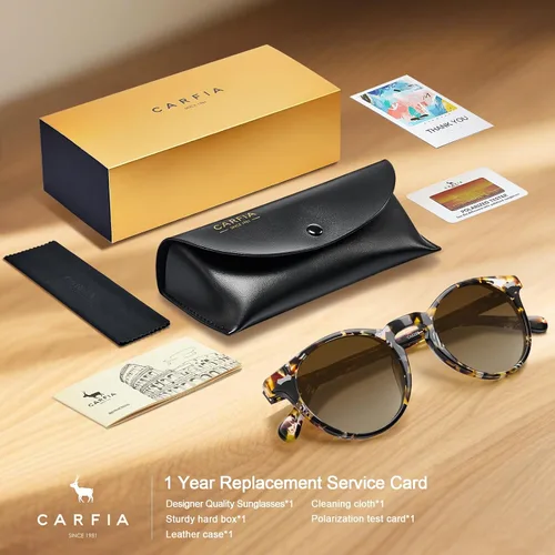 Vista 20 de CARFIA Gafas de sol polarizadas de acetato redondo para mujer, protección UV de cara pequeña con funda de cuero CA5288