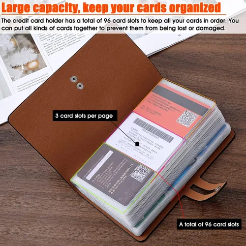 Vista 5 de Soporte para tarjetas de crédito RFID, organizador de tarjetas de visita de cuero con 96 ranuras para tarjetas, protector de tarjetas de crédito