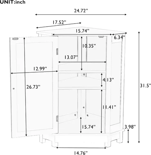 Vista 2 de PULLAFUN Gabinete de baño Armario de almacenamiento de esquina triangular con estante ajustable Tablero MDF de estilo moderno, negro y marrón