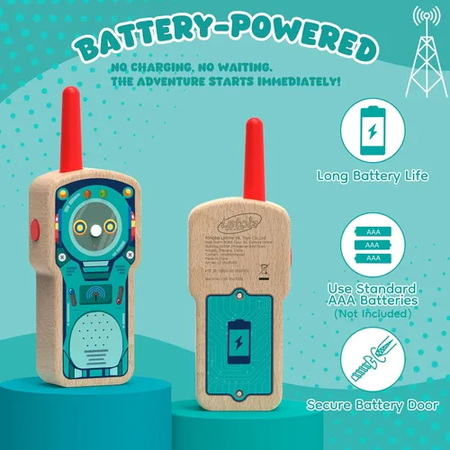 Vista 5 de Walkie Talkie Robot de madera para niños de 3 a 8 años, paquete de 2 radios de 2 vías con certificación FSC con rango de 1000 pies, fácil de empujar