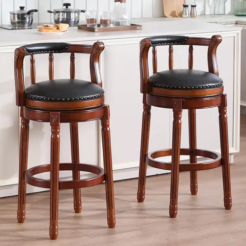 Vista 17 de RAINMOOD Juego de 2 taburetes de bar, taburete tapizado de cuero de grano completo, silla de bar negra con respaldo, patas de madera maciza