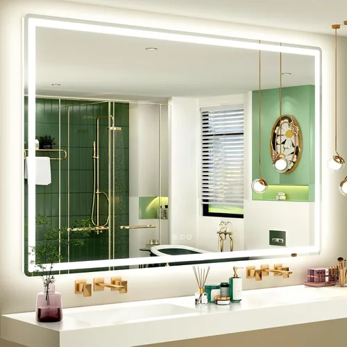 Vista 32 de SMIROR Espejo de baño LED con luces de 22" x 30", espejo de tocador rectangular redondeado iluminado para pared, iluminado frontal y retroiluminado
