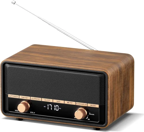 Vista 10 de Radio Bluetooth AM FM de madera retro con pantalla de tiempo