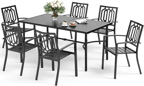 Vista 22 de SUNSHINE VALLEY Juego de 7 sillas de comedor para patio, material metálico, 6 sillas de comedor de color teca rectangular con agujero para sombrilla