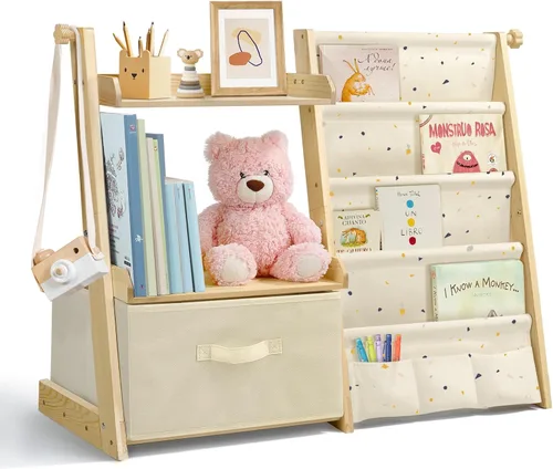 Vista 10 de Estantería infantil y organizador de juguetes 2 en 1, estante para libros para habitaciones de niños con cubo de juguetes móvil, estante de 4 Beige