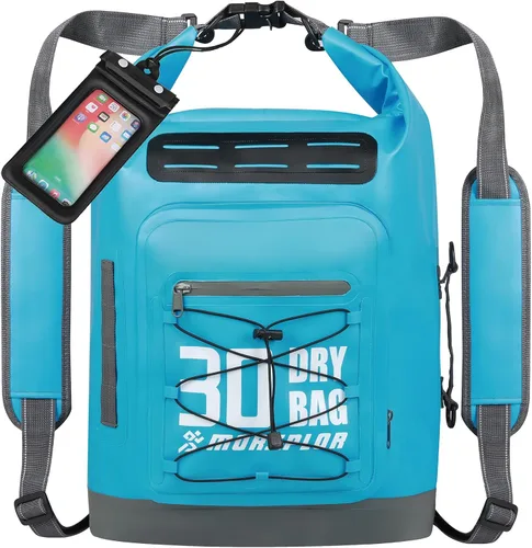 Vista 27 de MORXPLOR Bolsa seca impermeable, 5L/10L/20L/30L/40L/55L Mochila seca con funda impermeable para teléfono para natación, kayak