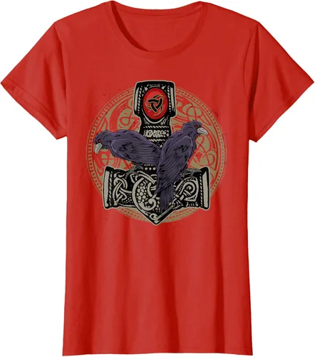 Vista 61 de Thors Hammer Mjolnir Huginn and Muninn Odin Raven - Camiseta, Negro, S