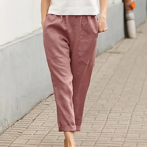 Vista 2 de SMIDOW Pantalones cortos de algodón y lino para mujer, de cintura alta, casuales, elásticos, pierna recta, con bolsillos
