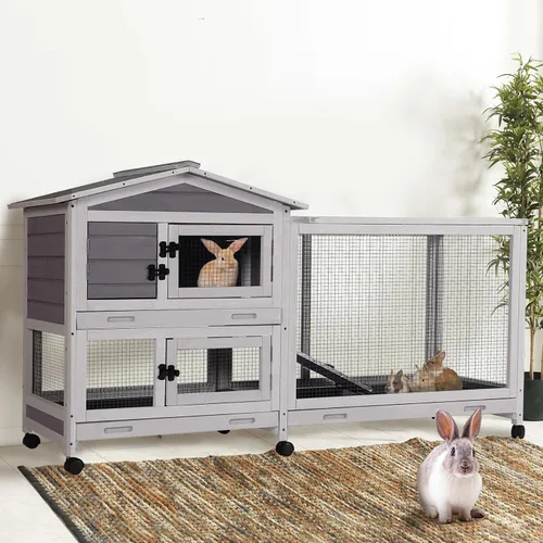 Vista 12 de GUTINNEEN Jaula para conejos, interior y exterior, casa para conejos de 2 pisos con ruedas, jaula de madera con 2 bandejas extraíbles para cobayas