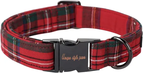 Vista 16 de Collar de perro de Navidad de Unique Style Paws con hebilla de plástico y colgante, a cuadros rojo y negro, collares de algodón para cachorros