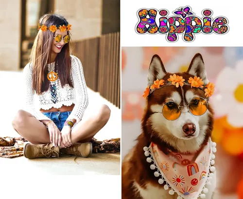 Vista 3 de WOVOWOVO Accesorios hippie de los años 60 y 70, 6 piezas, disfraz hippie bohemio, trajes geniales para Halloween, discoteca, carnaval, fiestas