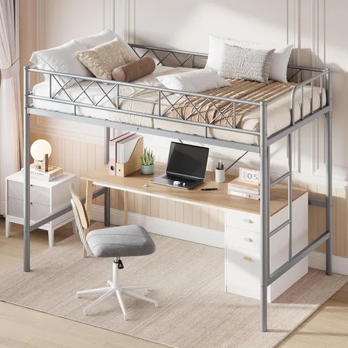 Vista 6 de Garvee Twin Size Loft Bed, Heavy Duty Metal Frame with Arched Guardrail, Flat Ladder Rung, and Steel Slat Support, No Box Spring Required, Space