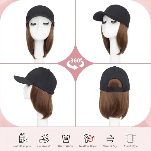 Vista 3 de SEGO Peluca de sombrero, sombrero con cabello adjunto para mujer, gorra de béisbol negra con extensiones de cabello, gorra de béisbol corta