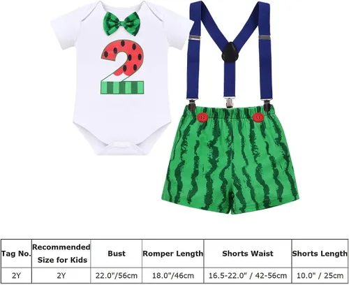 Vista 17 de Conjunto de 4 piezas de 3 piezas para bebé, diseño de sandía, para el primer cumpleaños, para tarta, de manga corta, pañales, con tirantes